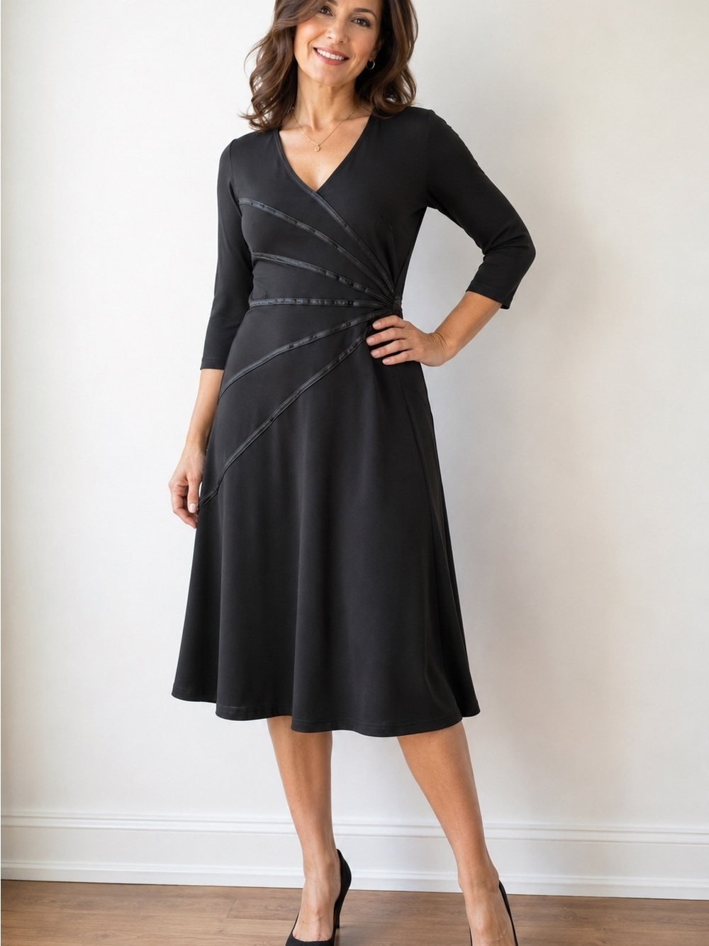 connected apparel Black Long Sleeve Faux-Wrap Dress with Satin Ribbon Detail 14